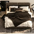 Double Bed With Brown Headboard White Brown Pillows Knitted Blanket On Gray Rug