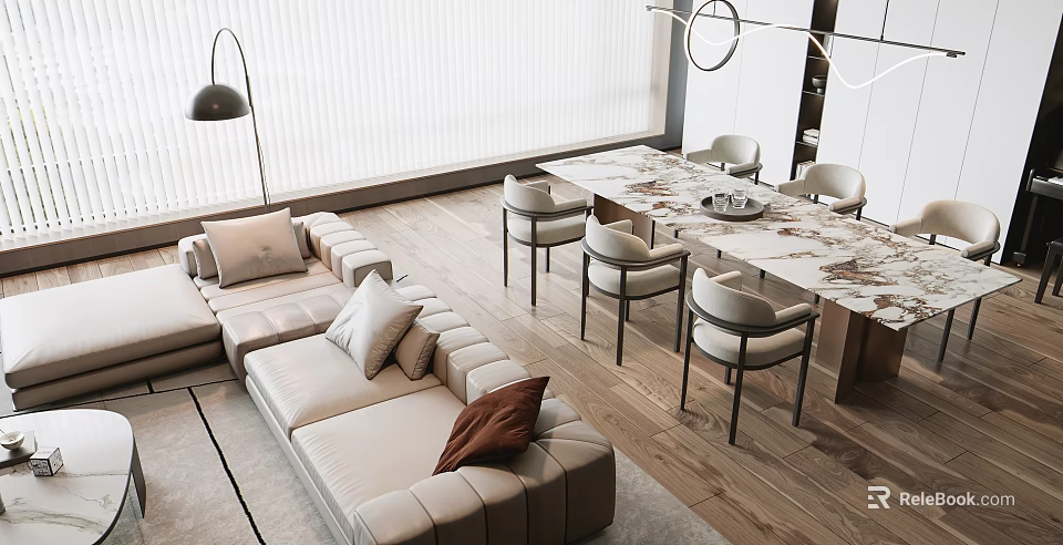 Modern Dining Table Set with Chairs Sofa Wooden Floor and Pendant Lights 3d model 