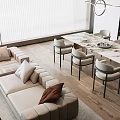Modern Dining Table Set with Chairs Sofa Wooden Floor and Pendant Lights