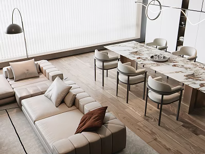Modern Dining Table Set with Chairs Sofa Wooden Floor and Pendant Lights 3d model
