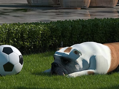 Small Reptile Resting on Green Grass Next to Soccer Ball and Hedge Bushes 3d model