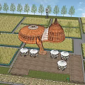 Rural Landscape with Golden Rice Fields Unique Dome Buildings and Blue Sky
