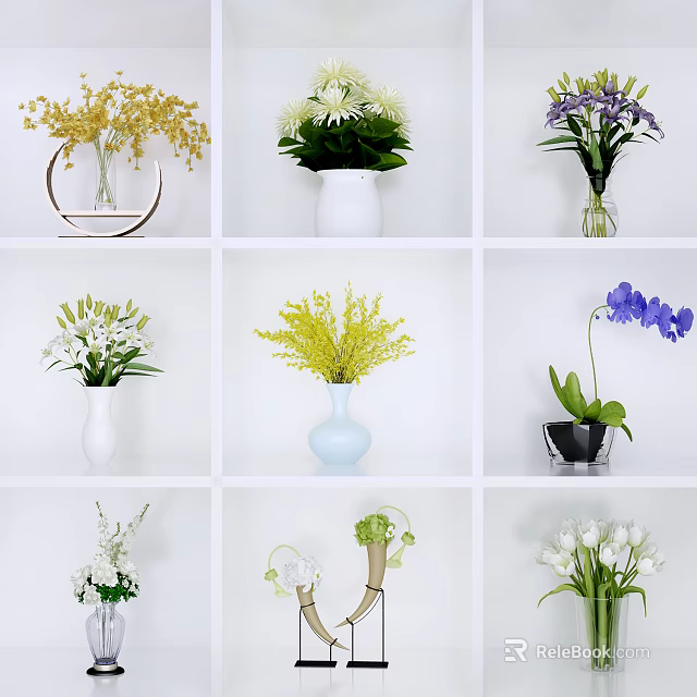 Decorative Vases with Various Flowers in Different Colors Arranged on White Shelves 3d model 