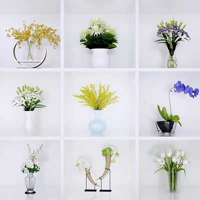 Decorative Vases with Various Flowers in Different Colors Arranged on White Shelves 3d model
