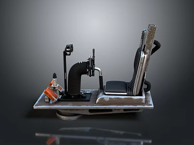 Metal Frame Driving Seat Setup With Steering Wheel Pedals And Mechanical Components On Platform 3d model