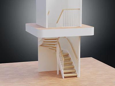 Modern Wooden Staircase Model Featuring Handrail And Light Colored Platform Against Dark Background 3d model