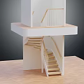 Modern Wooden Staircase Model Featuring Handrail And Light Colored Platform Against Dark Background 3d model