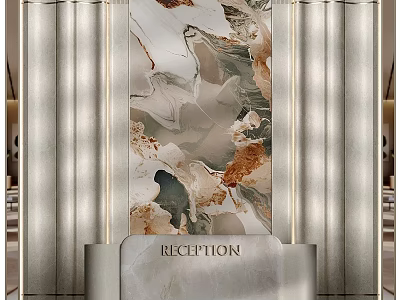 Elegant Modern Reception Desk Interior With Marble Wall And Decorative Panels 3d model