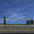 Modern Entrance Gate With Large Canopy Glass Guard House And Green Lawn Under Blue Sky