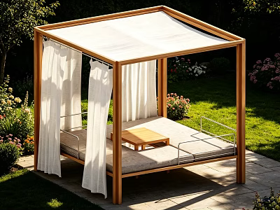 Outdoor Wooden Gazebo With White Curtains Cushioned Bed And Coffee Table 3d model