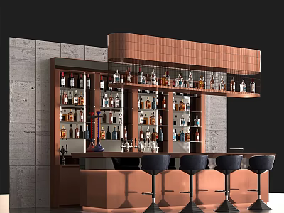 Modern Copper Bar Counter Interior With Bottles Gray Concrete Wall And Black Bar Stools 3d model