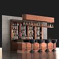 Modern Copper Bar Counter Interior With Bottles Gray Concrete Wall And Black Bar Stools