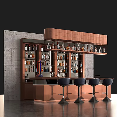 Modern Copper Bar Counter Interior With Bottles Gray Concrete Wall And Black Bar Stools 3d model