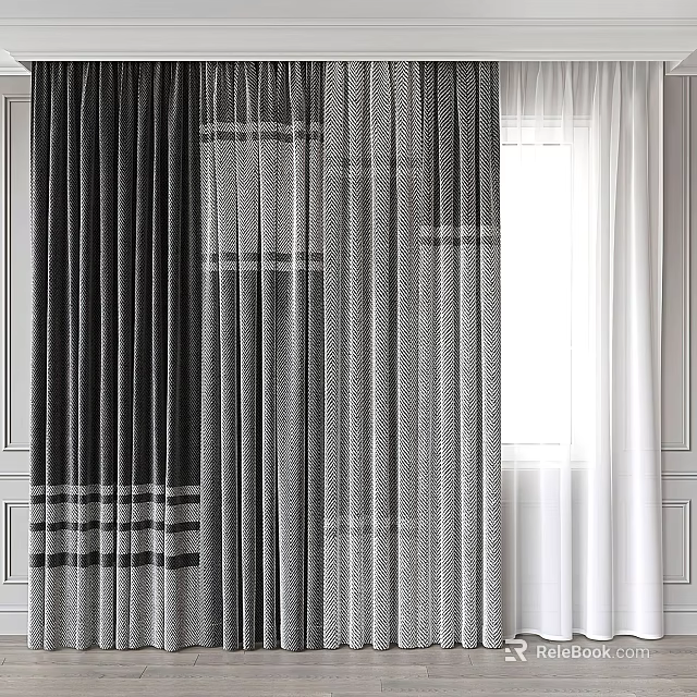 Modern Striped Curtains With Dark Grey Panels And White Sheer Layers 3d model 