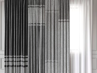 Modern Striped Curtains With Dark Grey Panels And White Sheer Layers 3d model