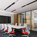 Modern Conference Room Interior With Wooden Table Black Chairs Large Screen And Glass Partitions