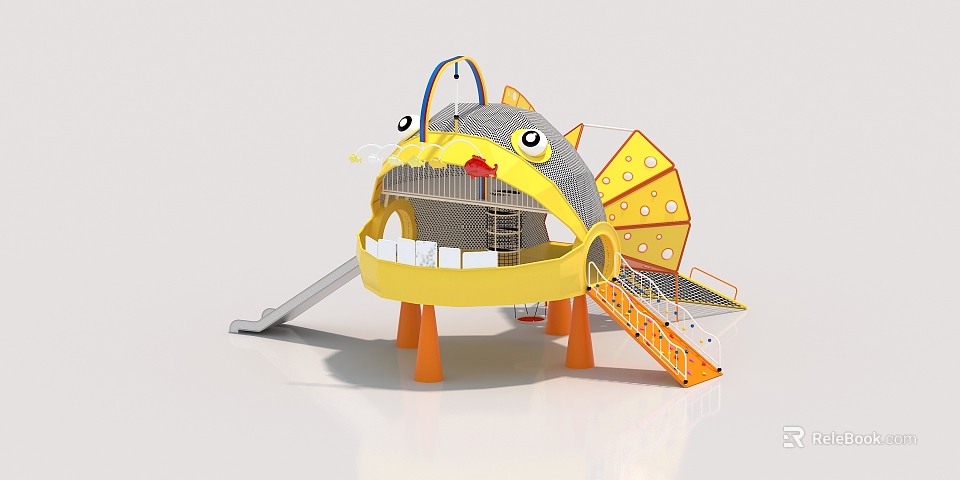 Fish Shaped Playground Equipment with Slide Stairs Net Structure Yellow Body and Orange Legs 3d model 