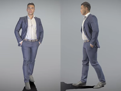 Man Wearing Blue Suit White Shirt Standing with Hands in Pockets Front and Side Views 3d model