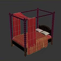 Elegant Four Poster Bed With Dark Wooden Frame Carved Details Red Drapes And White Pillows