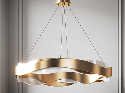 Modern Elegant Golden White Wave Shaped Chandelier Hanging In Interior Space 3d model