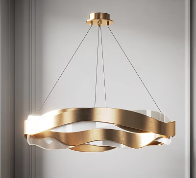 Modern Elegant Golden White Wave Shaped Chandelier Hanging In Interior Space 3d model
