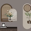 Minimalist Wall Decor With Arch Round Perforated Panels Shelves Vases Flowers Green Plants