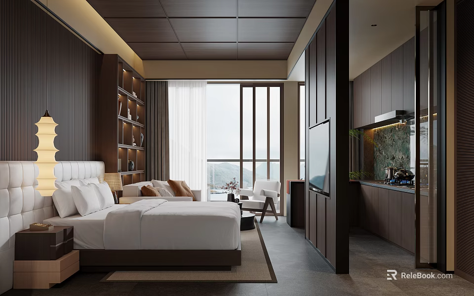 Hotel Guest Room With Dark Wooden Decor Large Bed And Floor to Ceiling Windows View 3d model 