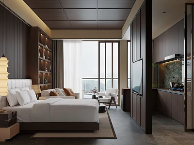 Hotel Guest Room With Dark Wooden Decor Large Bed And Floor to Ceiling Windows View 3d model