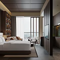 Hotel Guest Room With Dark Wooden Decor Large Bed And Floor to Ceiling Windows View