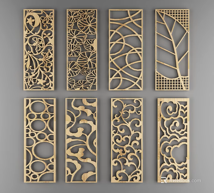 Elegant Decorative Partition Designs With Intricate Laser Cut Patterns And Golden Finish 3d model 