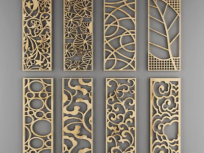 Elegant Decorative Partition Designs With Intricate Laser Cut Patterns And Golden Finish 3d model