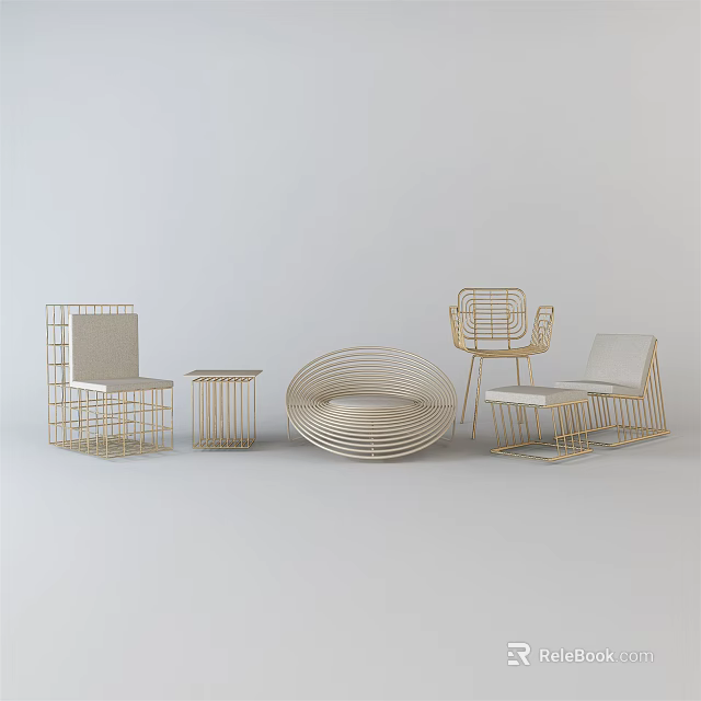 Minimalist Leisure Chair Set with Golden Woven Frame and Matching Side Table for Living Room 3d model 