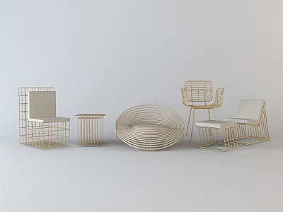 Minimalist Leisure Chair Set with Golden Woven Frame and Matching Side Table for Living Room 3d model