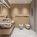 Modern Bathroom Interior Design With Bear Ear Shaped Mirror Marble Countertop And Wooden Cabinets