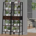 Multi tiered Wood and Metal Plant Shelving Unit with Drawers and Potted Plants