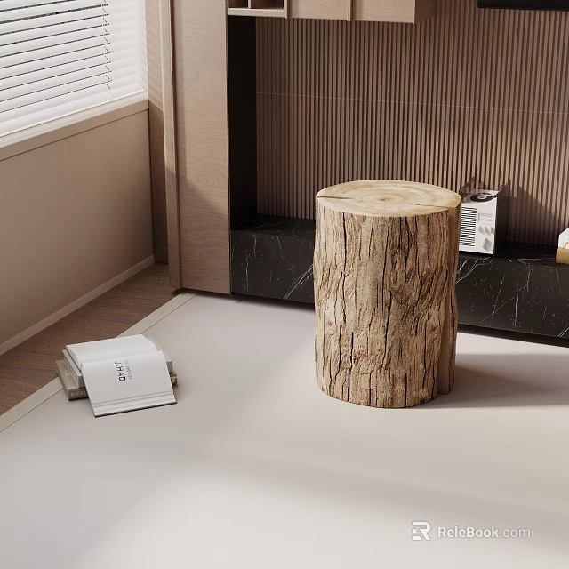 Rustic Wood Stump Stool with Magazines on Light Colored Floor and Wooden Wall 3d model 