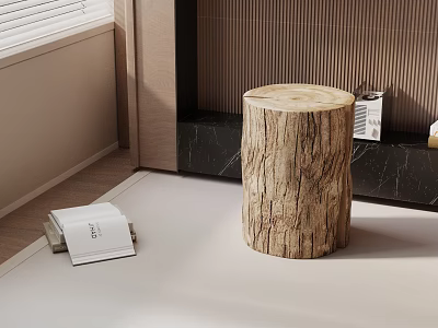 Rustic Wood Stump Stool with Magazines on Light Colored Floor and Wooden Wall 3d model