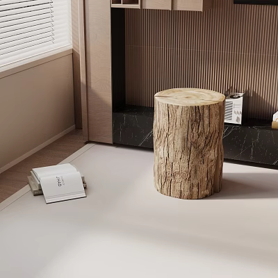 Rustic Wood Stump Stool with Magazines on Light Colored Floor and Wooden Wall 3d model