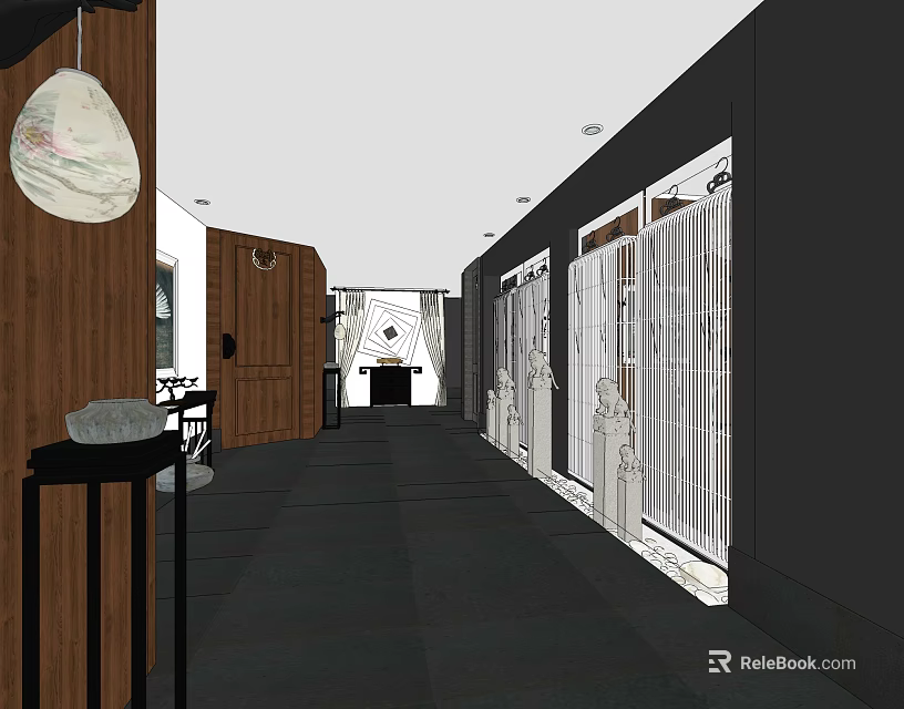 Modern Elevator Hallway Design With Wooden Walls White Doors And Pendant Light 3d model 