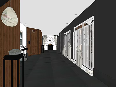 Modern Elevator Hallway Design With Wooden Walls White Doors And Pendant Light 3d model