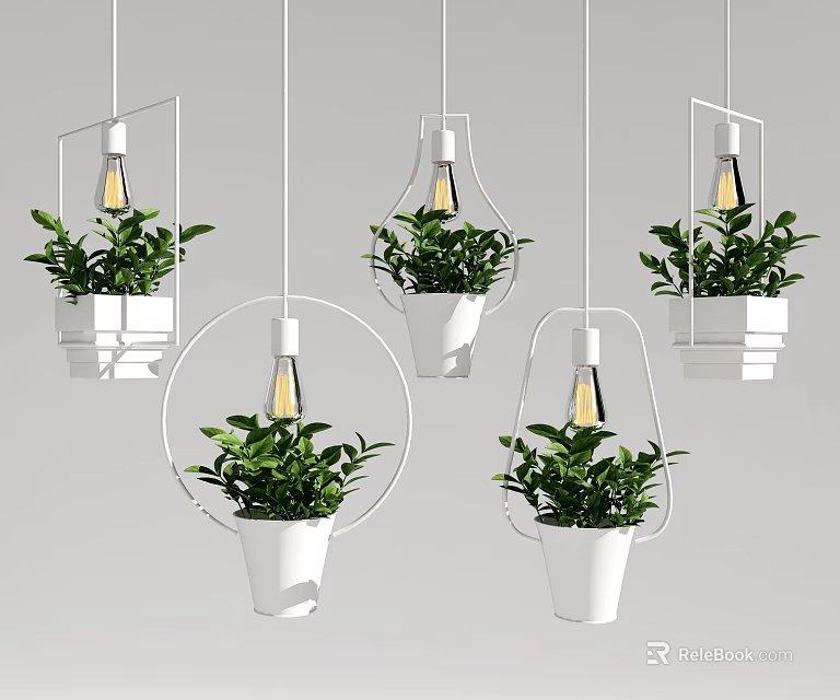 Indoor Hanging Basket Plants With White Pots Metal Frames And Light Bulbs 3d model 