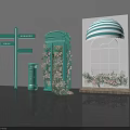 Vintage Blue Phone Booth With Mailbox Street Signs And Striped Awning Window Flower Decorations