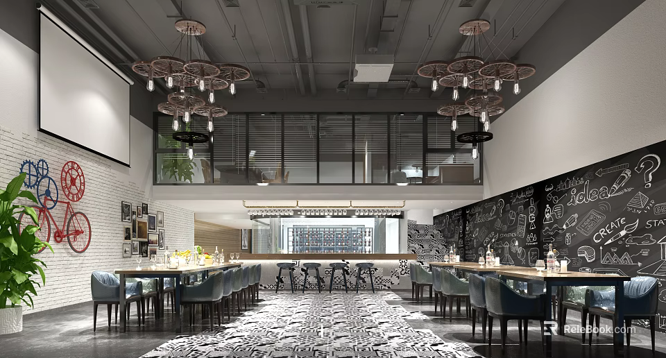 Modern Bar Interior Design With Chandeliers Bar Counter And Patterned Floor 3d model 