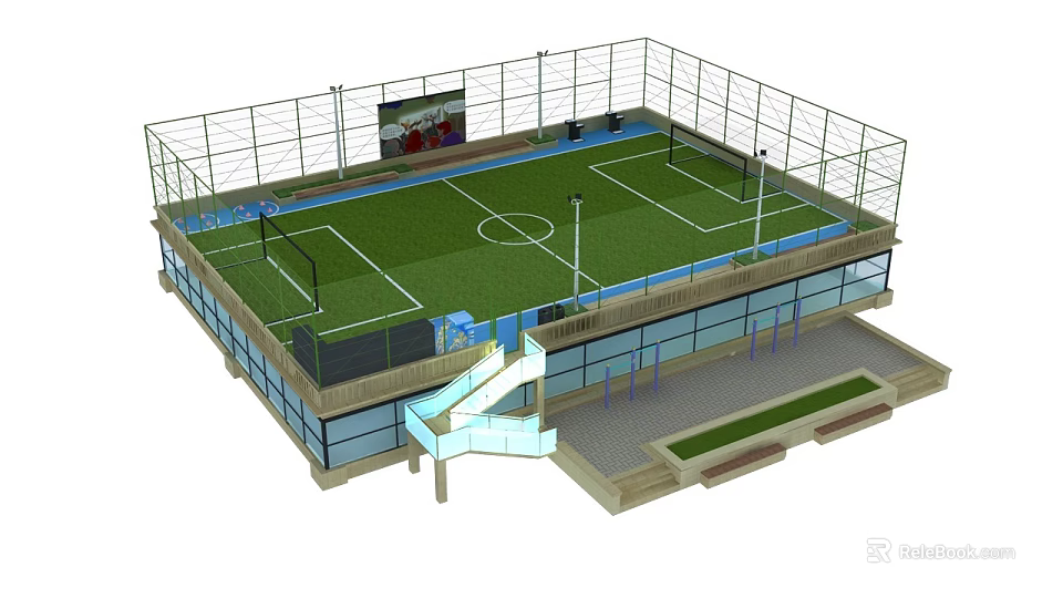 Modern Basketball Gymnasium Design With Green Court Double Decker Stands And Glass Facade 3d model 