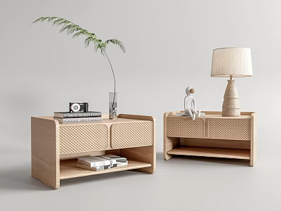 Minimalist Wooden Bedside Tables With Woven Details Green Plant Camera Books And Lamp 3d model