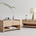 Minimalist Wooden Bedside Tables With Woven Details Green Plant Camera Books And Lamp