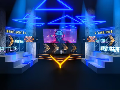 Futuristic Stage Design With Blue Neon Lights Triangular Shapes Steps And Large Screen 3d model