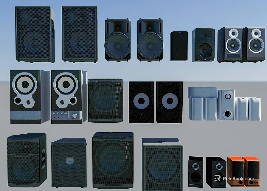 Various Audio Speakers With Different Sizes And Modern Designs For Home Use 3d model 