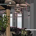 Modern Restaurant Interior With Hanging Pendant Lights Large Windows And Green Plants
