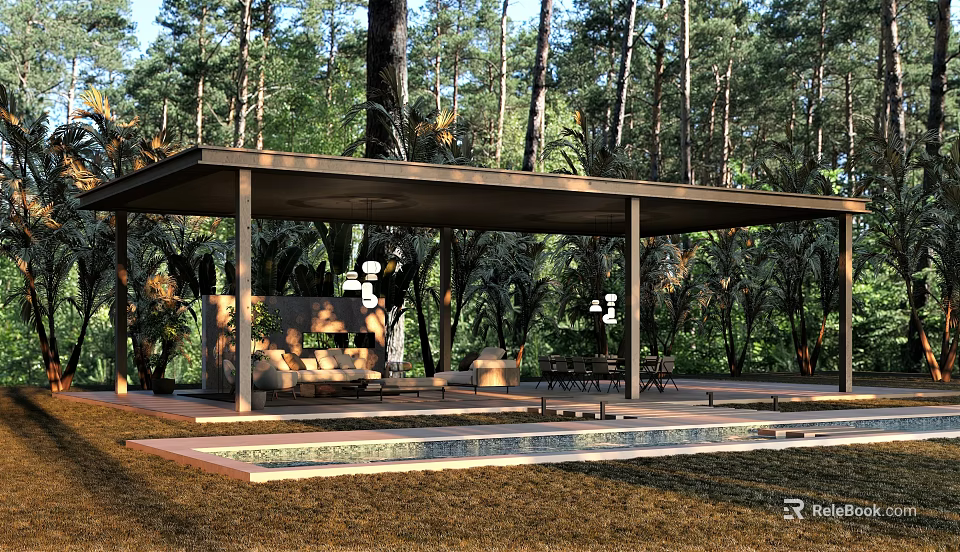 Forest Open Pavilion With Canopy Sofa Table Chairs Natural Surroundings 3d model 